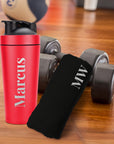 Personalised 25oz Red Metal Protein Shaker & Embroidery Black Gym Towel Set, Custom Name Logo Fitness Travel Sport, Birthday, Corporate Gift