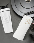 Personalised 25oz White Metal Protein Shaker & Embroidery Gym Towel Set, Custom Name Logo Fitness, Travel, Sport, Birthday, Corporate Gift