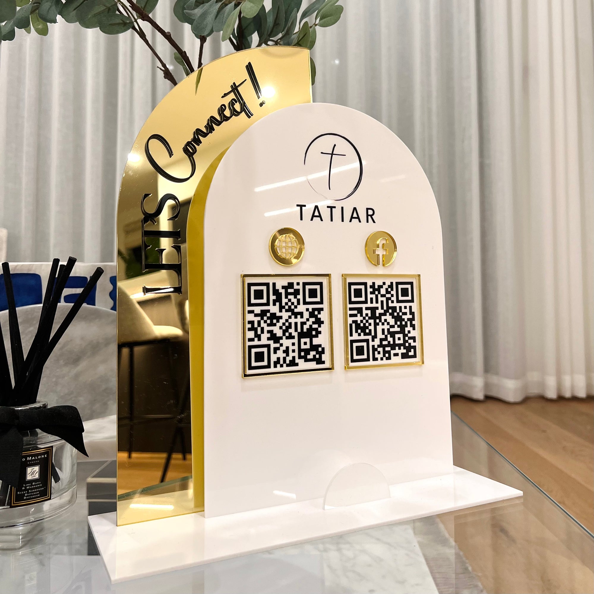 Personalised 3D Raised Acrylic Arch QR Code Social Connect Business Sign & Card Holder, Custom Spa, Beauty, Cafe, Reception Display Signage