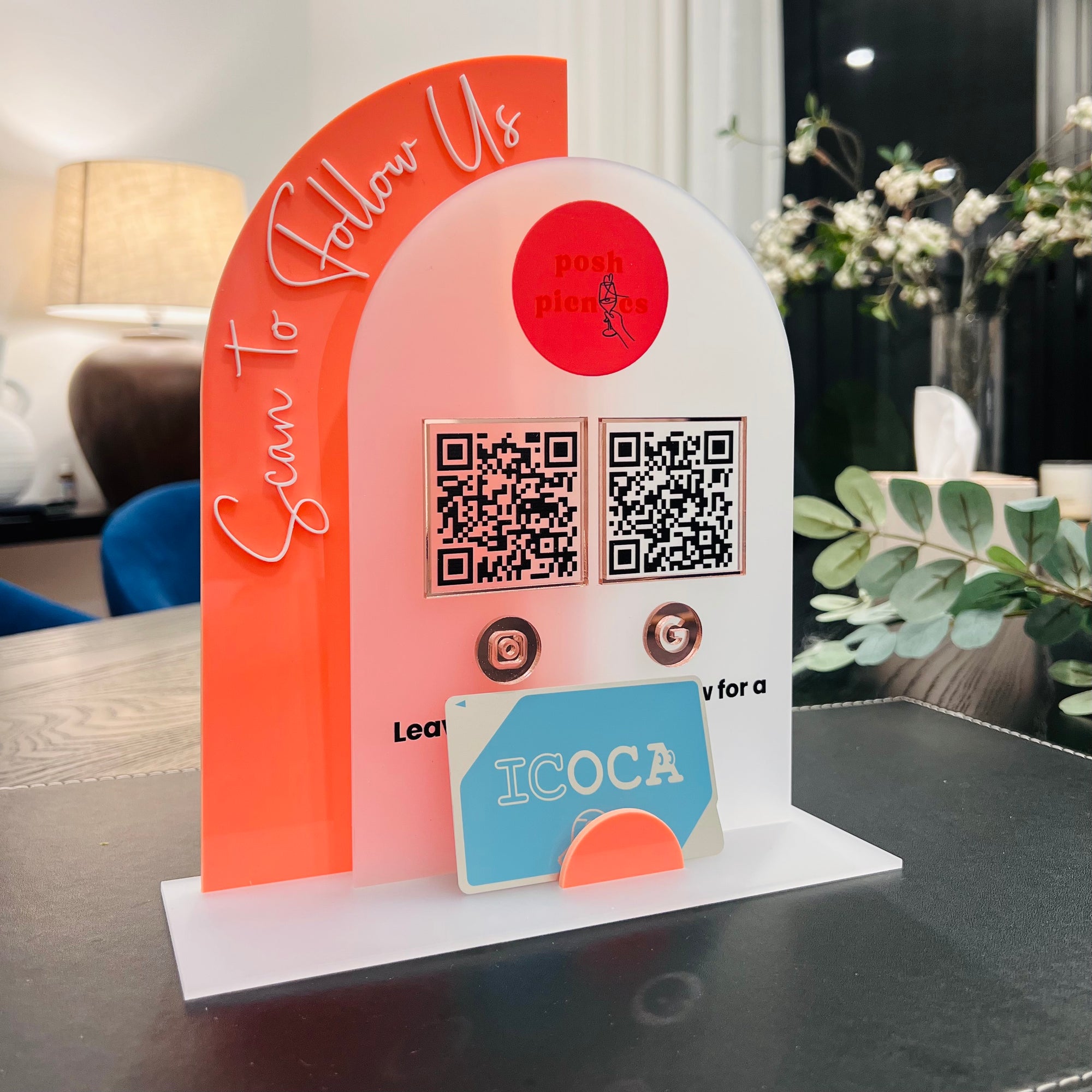 Personalised 3D Raised Acrylic Arch Scan QR Code Social Business Sign & Card Holder, Custom Spa Beauty, Cafe, Reception Logo Display Signage