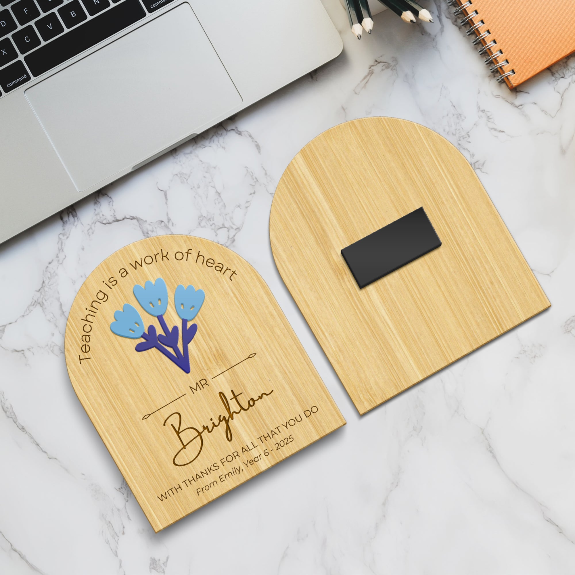 Personalised 3D Acrylic Flower Wooden Magnet, Custom Engraved Thank You, Appreciation Teacher Gift, End of Year/ Grad Coach Mentor Keepsake