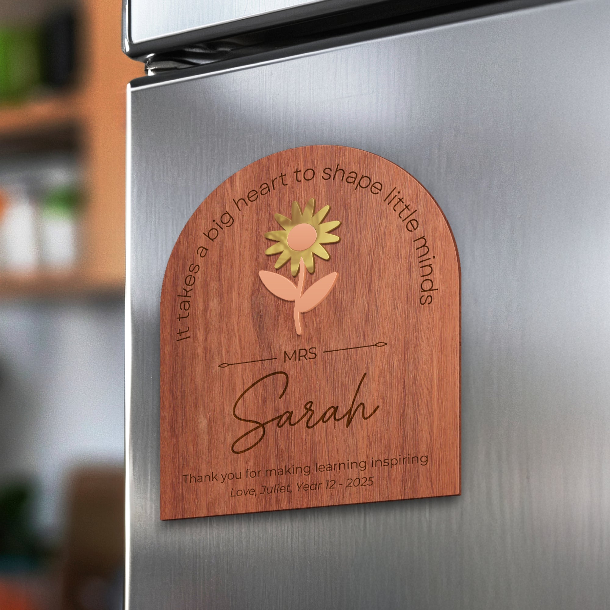 Personalised 3D Acrylic Flower Wooden Magnet, Custom Engraved Thank You, Appreciation Teacher Gift, End of Year/ Grad Coach Mentor Keepsake