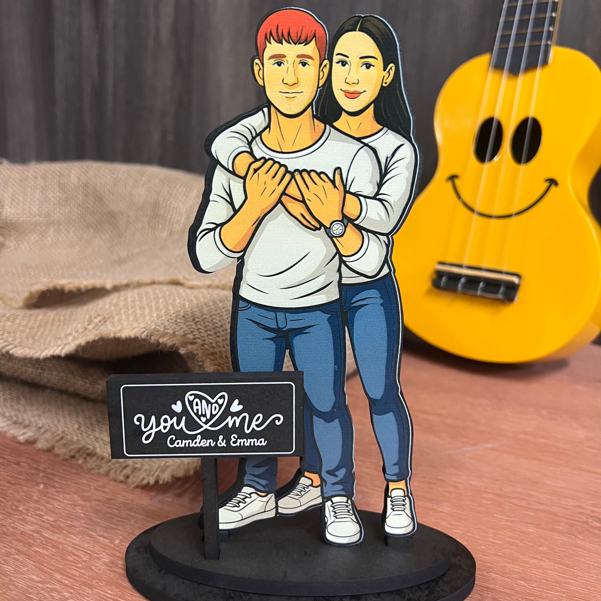 Personalised 3D Wooden Cartoon Couple Figurine Display, Custom Print Photo Portrait Caricature Home Decor, Birthday, Anniversary, Xmas Gift
