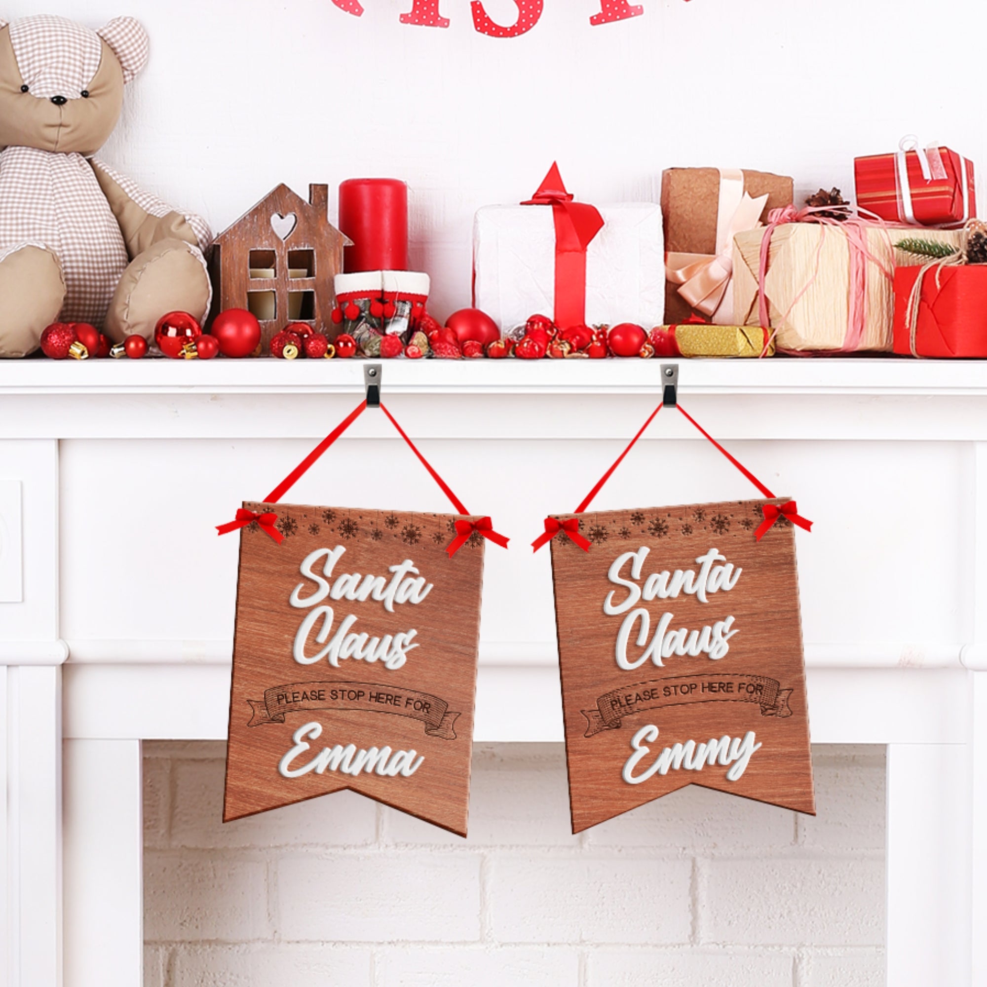 Personalised 3D Raised Acrylic "Santa Please Stop Here" Wooden Hanging Plaque | Custom Christmas Sign, Xmas Decor, Holiday Gift, Party Event
