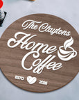 Personalised 3D Raised Wooden Coffee Bar Sign, Custom Round Home Bar Corner Wall Plaque Family Kitchen Cafés Signage Decor Housewarming Gift
