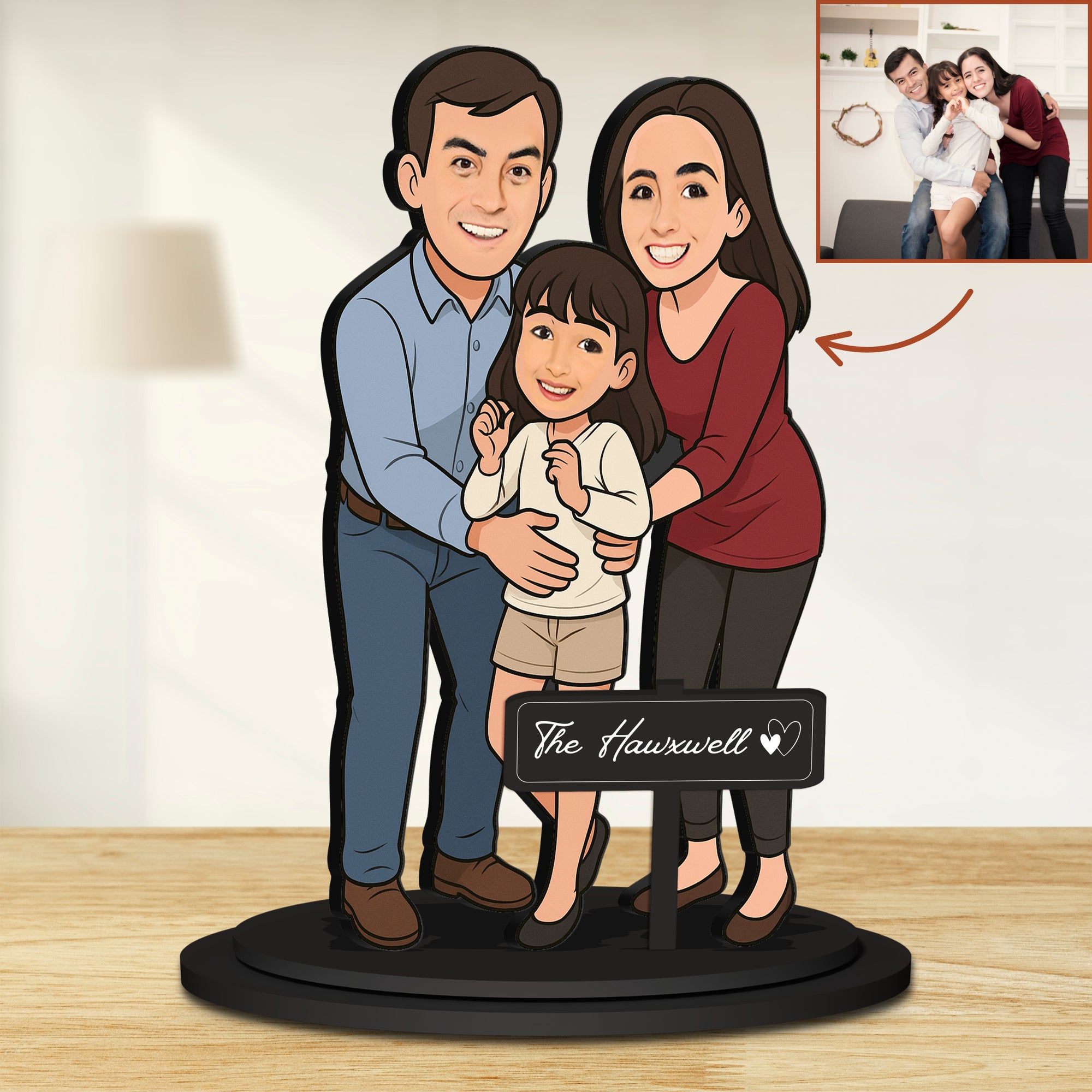 Personalised 3D Wooden Cartoon Family Figurine Display, Custom Print Photo Portrait Caricature Home Decor, Birthday, Anniversary, Xmas Gift