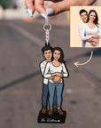 Personalised 3D Wooden Cartoon Couple Figurine Keyring, Custom Print Photo Portrait Caricature Car Charm, Birthday, Anniversary, Xmas Gift