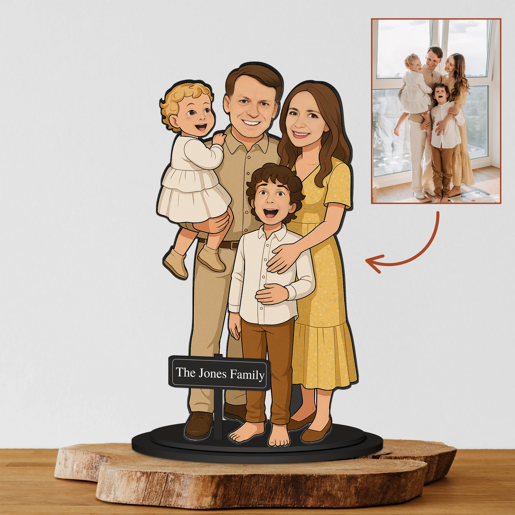 Personalised 3D Wooden Cartoon Family Figurine Display, Custom Print Photo Portrait Caricature Home Decor, Birthday, Anniversary, Xmas Gift
