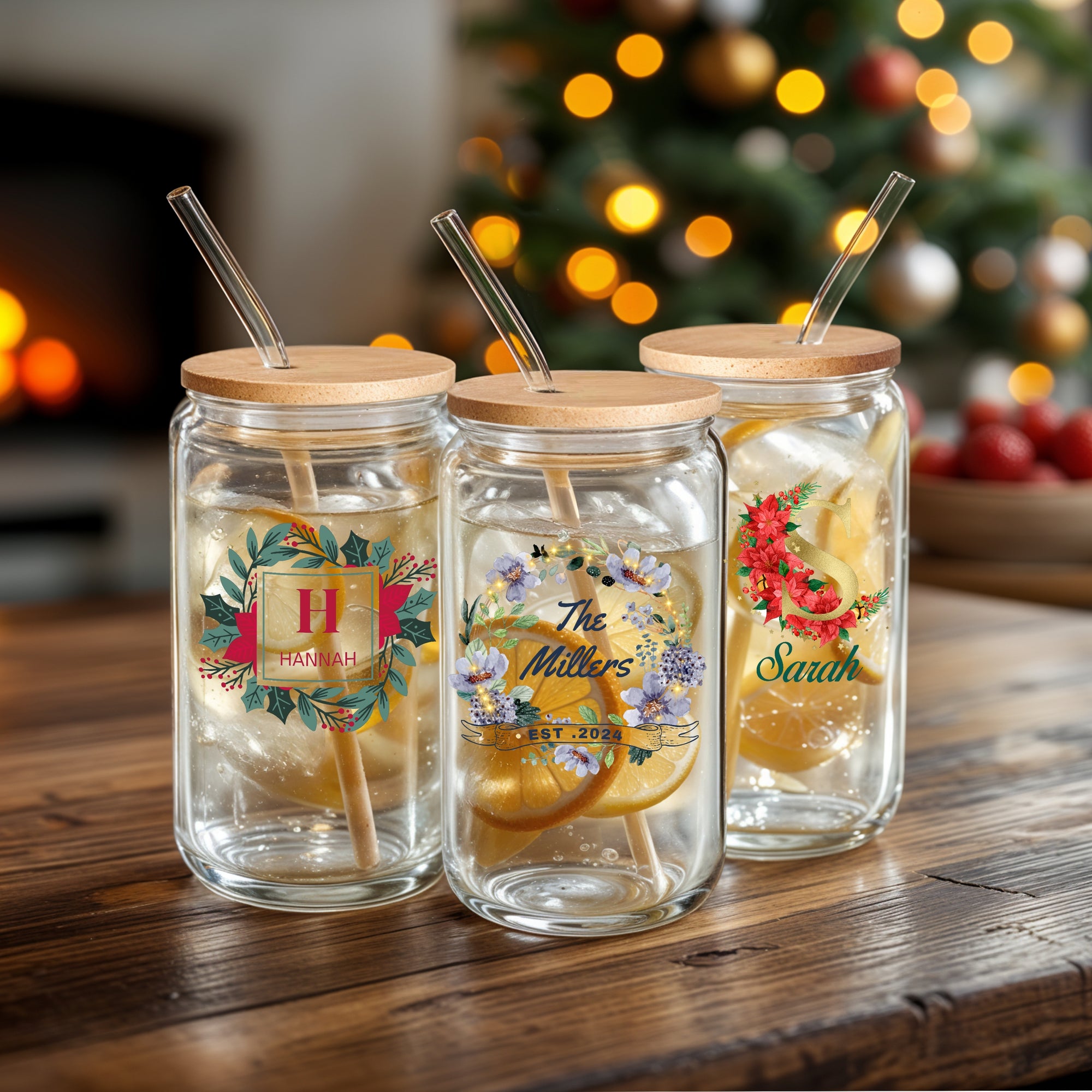 Personalised 470ml Christmas Photo Can Glass Set with Lid Straw, Customised Beverage Tumbler Coffee Cup Logo Corporate Gift Xmas Party Decor