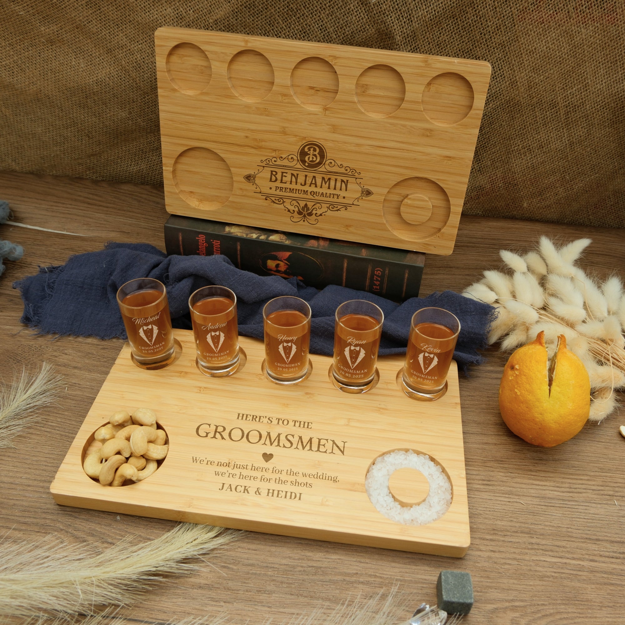 Personalised 5 Crystal Shot Glasses & Custom Engraved Tequila Wooden Flight Board Set, Dad, Bridesmaid Groomsman Wedding Xmas Corporate Gift
