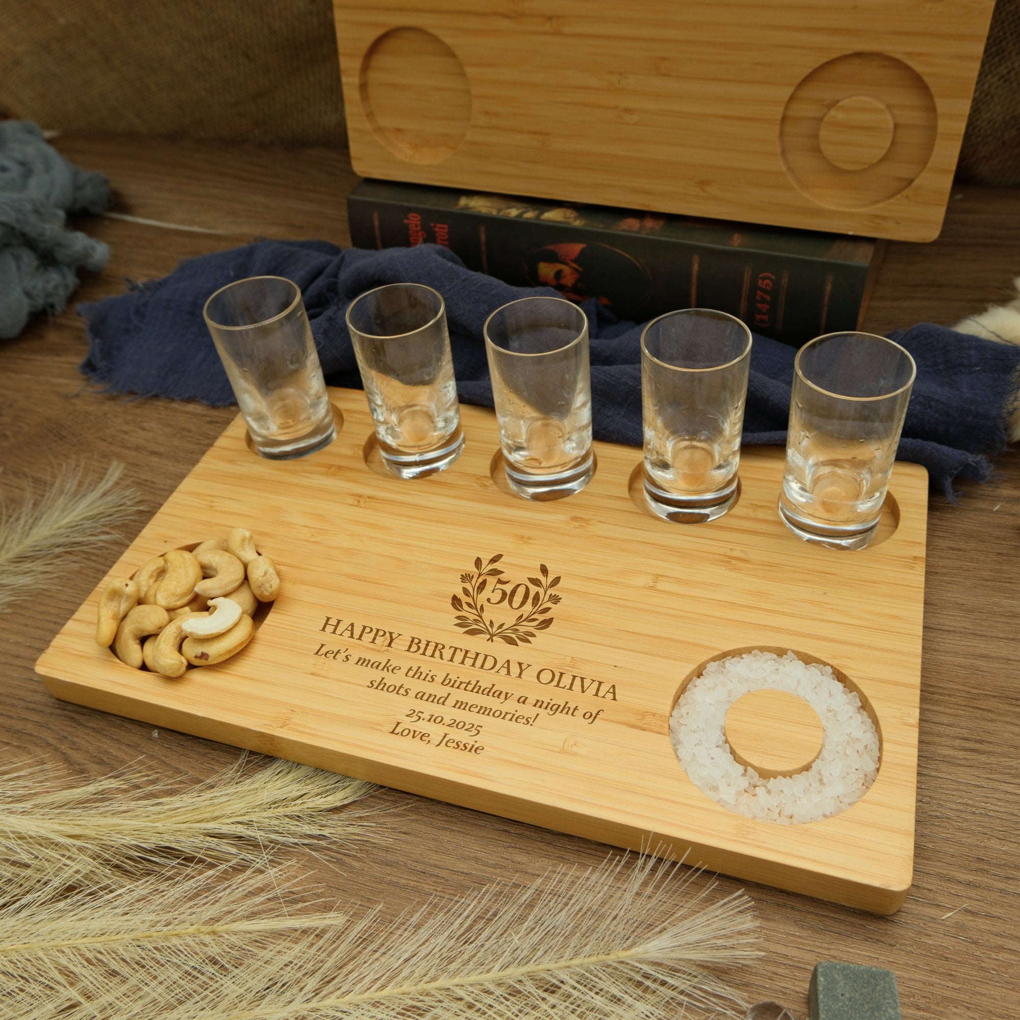 Personalised 5 Crystal Shot Glasses & Custom Engraved Tequila Wooden Flight Board Set, Dad, Bridesmaid Groomsman Wedding Xmas Corporate Gift