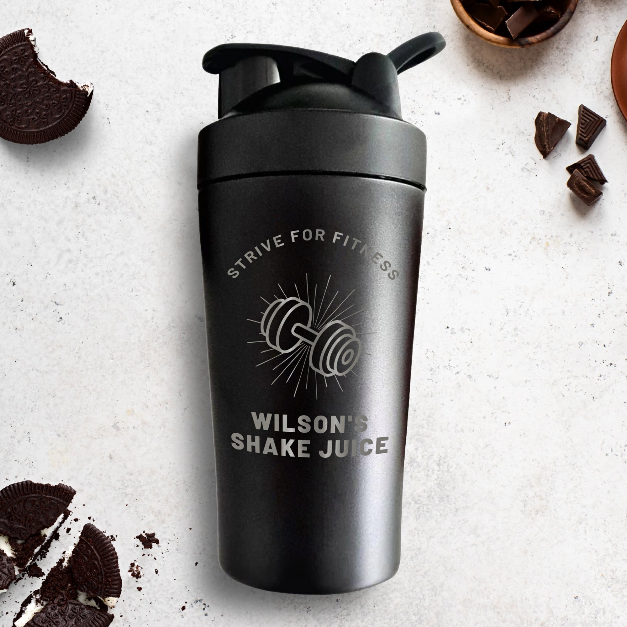 Personalised 750ml Insulated Protein Stainless Steel Shaker, Custom Engraved Gym Lover Matte Black 25oz Protein Blender, Water Bottle, Work Out Gift Mum, Dad