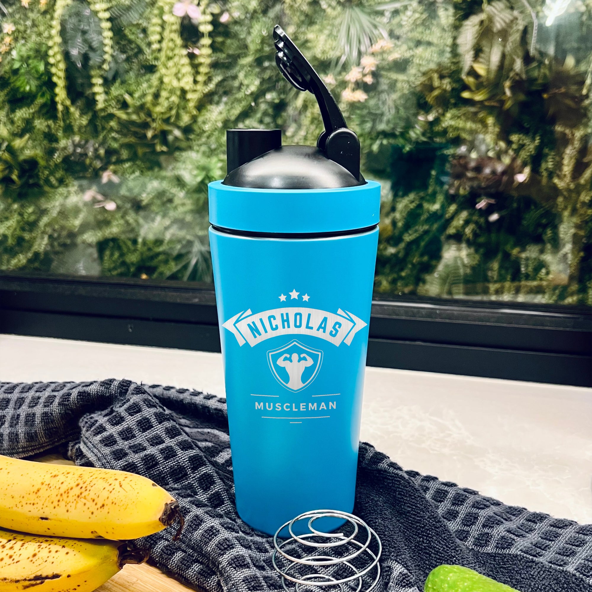 Personalised 25oz Insulated Protein Stainless Steel Shaker, Custom Engraved Logo 750ml Matt Blue Blender Bottle, Work Out Gym Lover Dad Gift