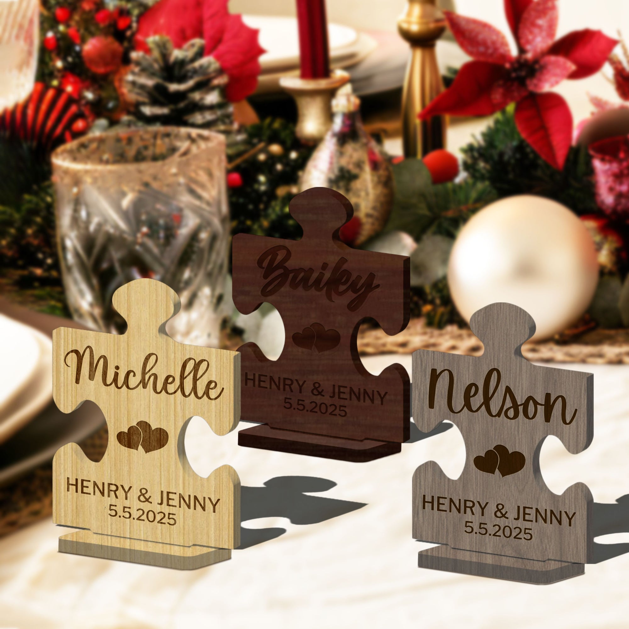 Personalised Mirror Acrylic/ Wooden Puzzle Piece Wedding Name Place Settings, Custom Etched Table Card Party Favour Thank you Gift Tag Decor