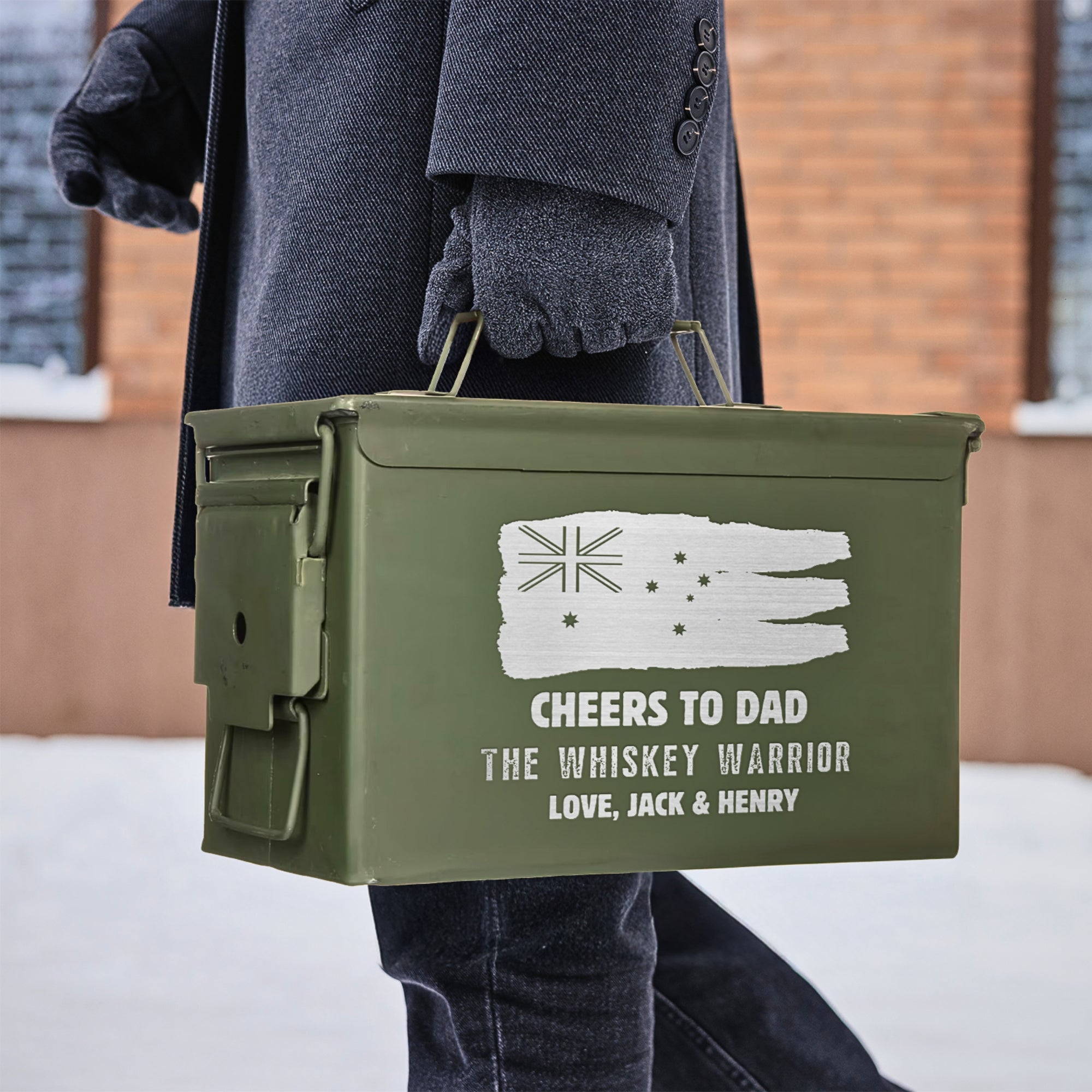 Personalised Military Whiskey Ammo Can Gift Box - Star Base Decanter, 1 Glass & 6 Ice Stones Set, Etched Army Barware Groomsman Dad Gift Set