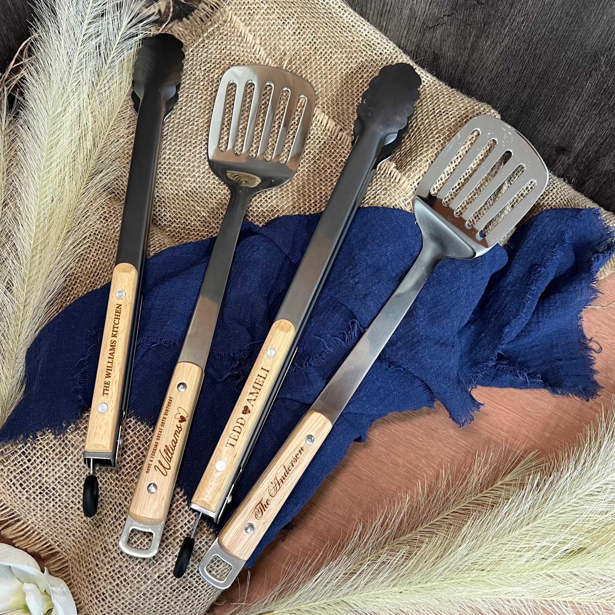 Personalised BBQ Tools Gift Set, Custom Laser Engraved Etching Barbecue Tongs & Spatula, Barbeque Grill Gift Him Dad Fathers Day GrillFather