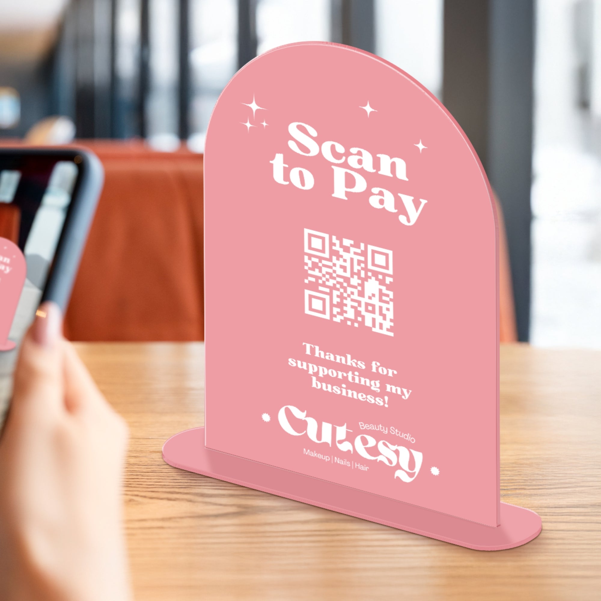 Personalised Acrylic Arch QR Code Scan To Pay Business Sign, Custom UV Print Mirror Spa, Beauty Salon, Cafe Retail Reception Display Signage