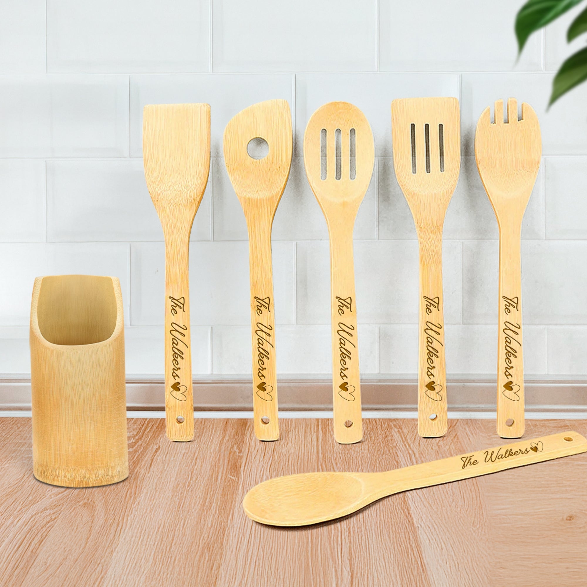 Personalised Bamboo 6 Cooking Utensils & Holder Set, Custom Engraved Kitchen Tools, Mother Grandma Birthday Housewarming Logo Corporate Gift