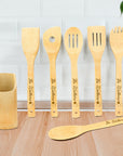 Personalised Bamboo 6 Cooking Utensils & Holder Set, Custom Engraved Kitchen Tools, Mother Grandma Birthday Housewarming Logo Corporate Gift