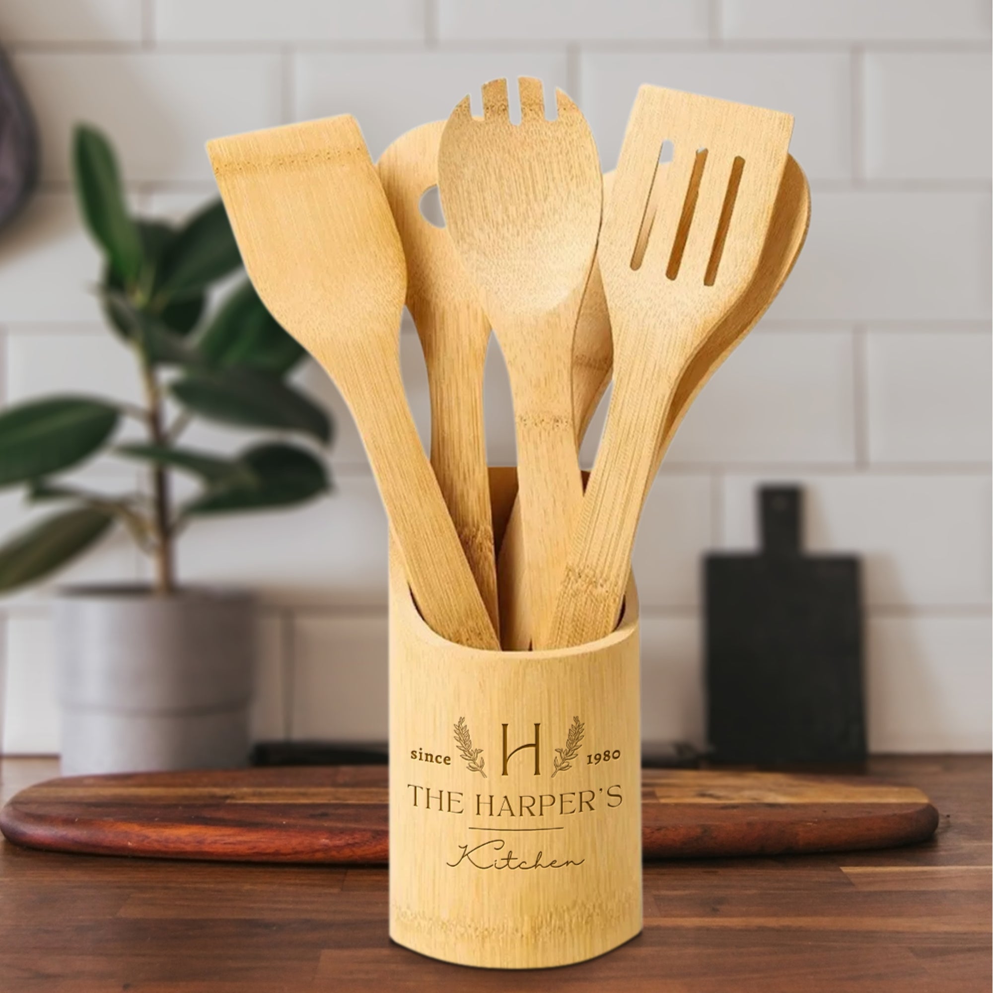 Personalised Bamboo 6 Cooking Utensils & Holder Set, Custom Engraved Kitchen Tools, Mother Grandma Birthday Housewarming Logo Corporate Gift