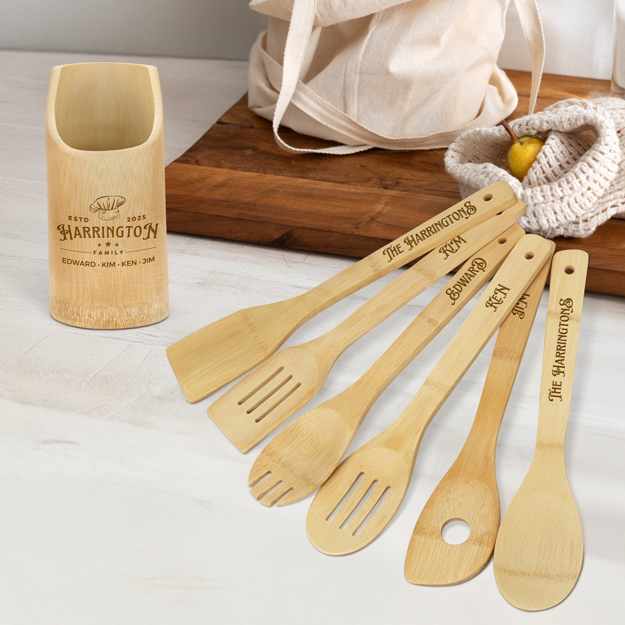 Personalised Bamboo 6 Cooking Utensils & Holder Set, Custom Engraved Kitchen Tools, Mother Grandma Birthday Housewarming Logo Corporate Gift