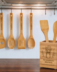 Personalised Bamboo 6 Cooking Utensils & Square Holder Set, Custom Engraved Kitchen Tools Organiser, Mom Grandma Birthday, Housewarming Gift
