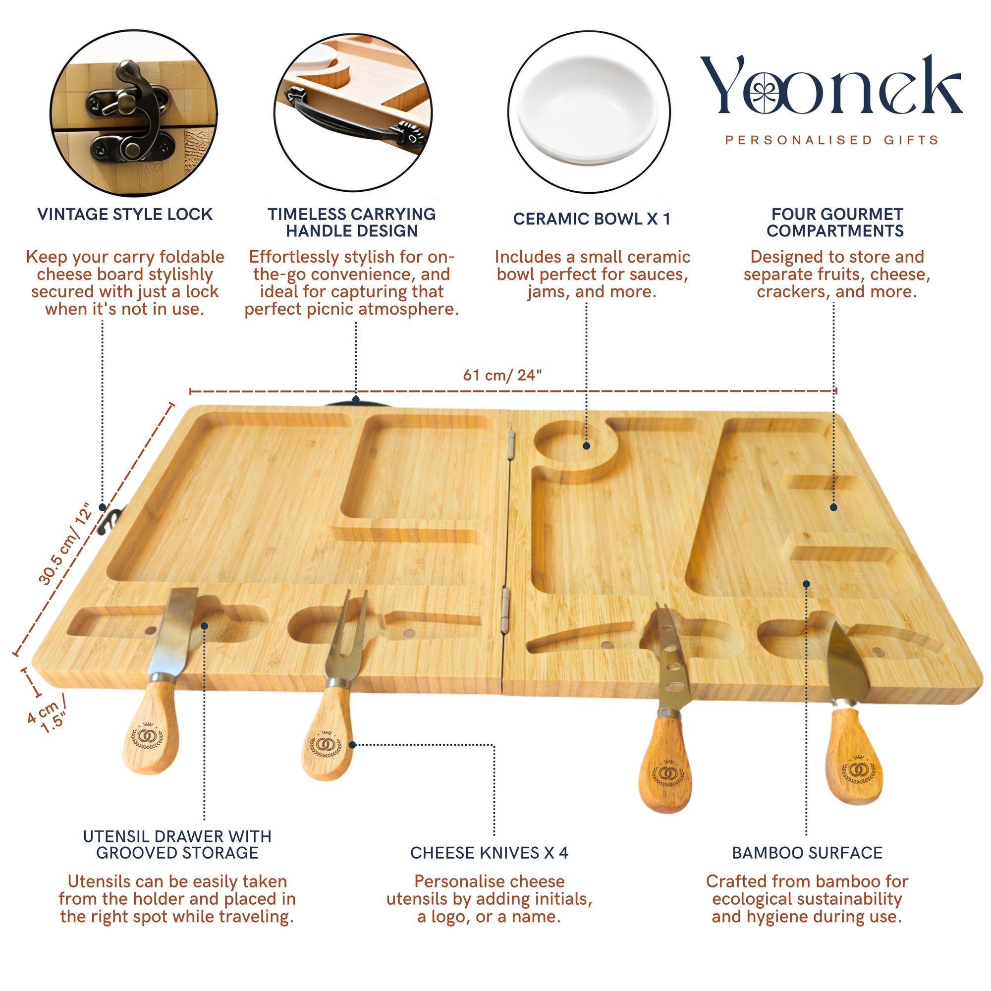 Personalised Bamboo Carry Cheese Board & Knife Set, Engraved Collapsible Travel Serve Tray, Folding Portable Picnic Charcuterie Platter Gift