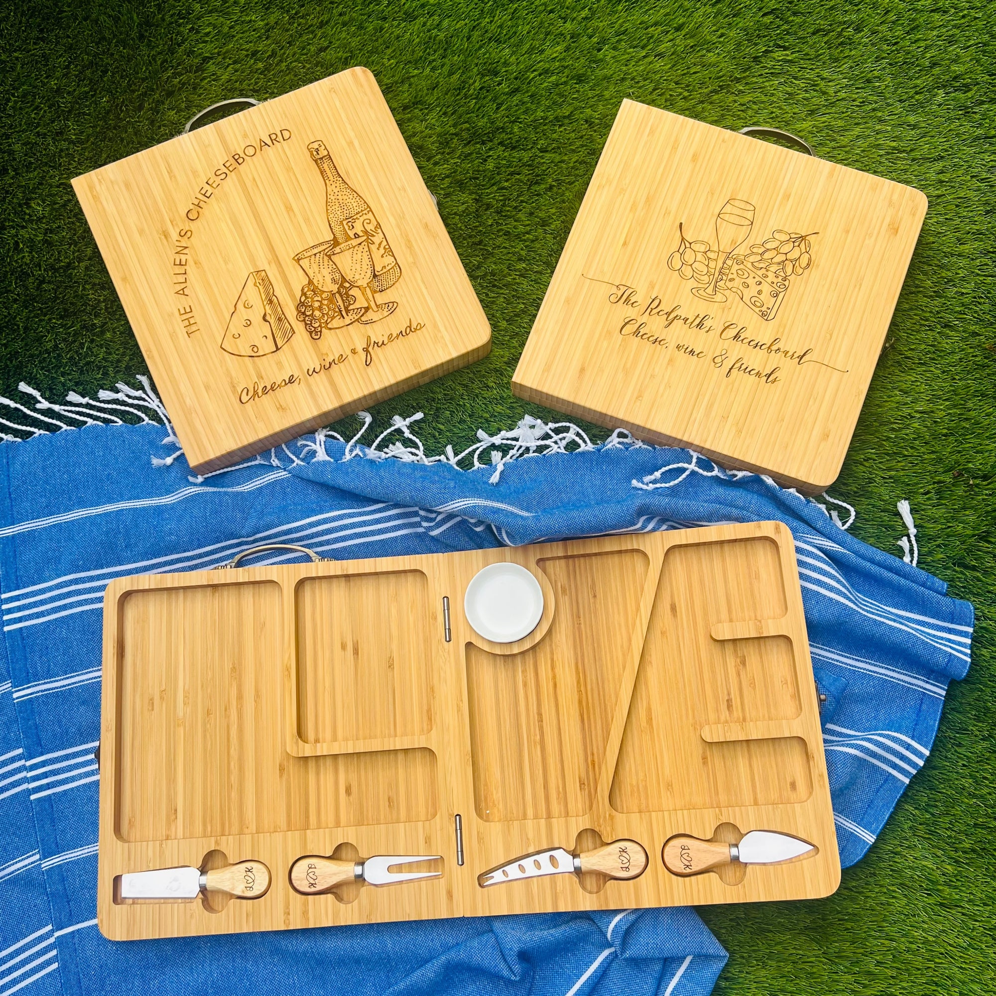 Personalised Bamboo Carry Cheese Board & Knife Set, Engraved Collapsible Travel Serve Tray, Folding Portable Picnic Charcuterie Platter Gift
