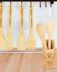 Personalised Bamboo 6 Cooking Utensils & Holder Set, Custom Engraved Kitchen Tools, Mother Grandma Birthday Housewarming Logo Corporate Gift