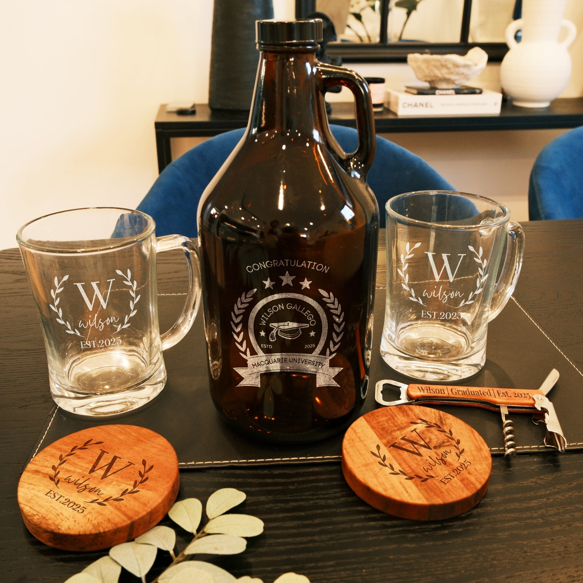 Personalised Beer Growler Gift Set & 2 Tankard Mugs, Acacia Coasters, Bottle Opener in Custom Engraved Logo Wooden Box, Groomsman, Dad Gift