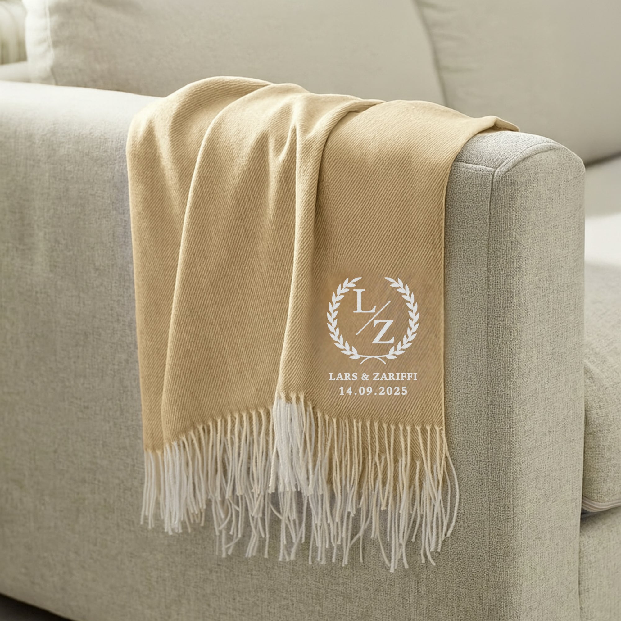 Personalised Fringe Throw, Custom Embroidered Name Logo Eco Blanket, Mum, Birthday, Xmas, Housewarming, Wedding, Anniversary, Corporate Gift
