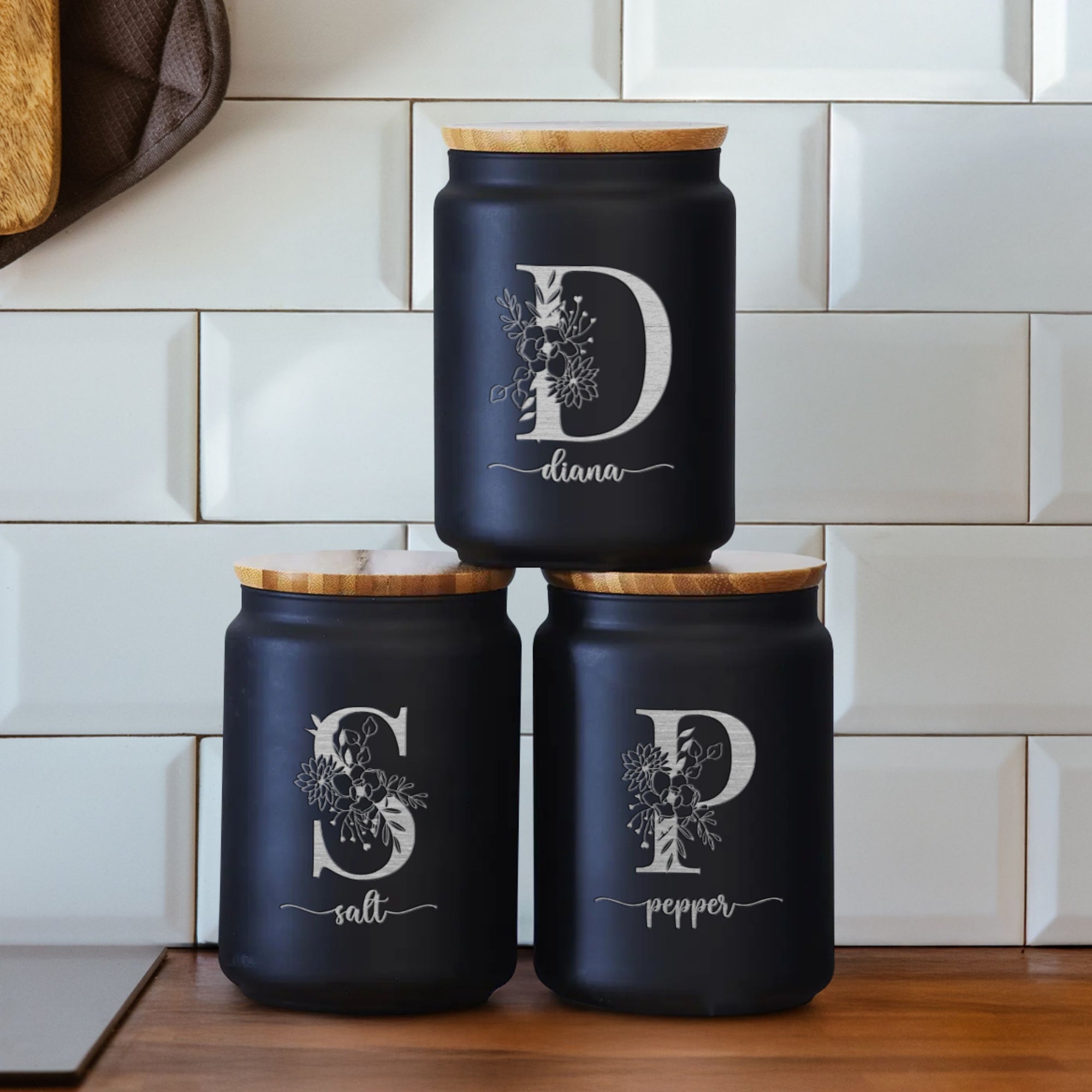 Personalised Black Glass Jar & Wooden Lid, Custom Etched Logo Jar, Coffee, Tea Storage, Cookie Lollies Canister, Housewarming, Mom Xmas Gift
