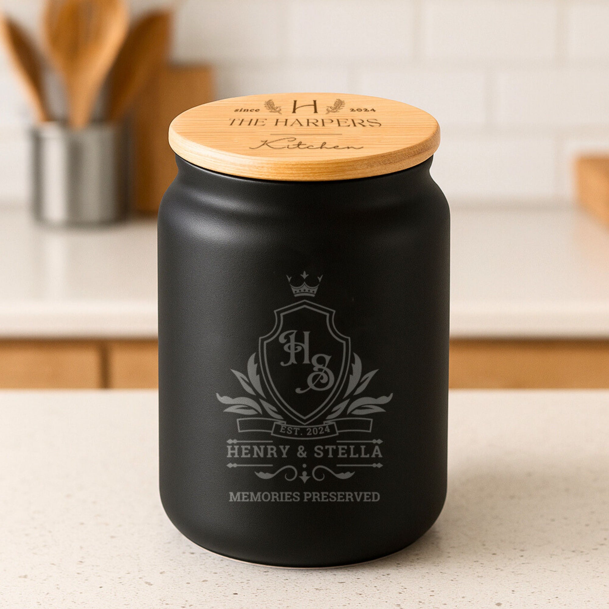 Personalised Black Glass Jar & Wooden Lid, Custom Etched Logo Jar, Coffee, Tea Storage, Cookie Lollies Canister, Housewarming, Mom Xmas Gift