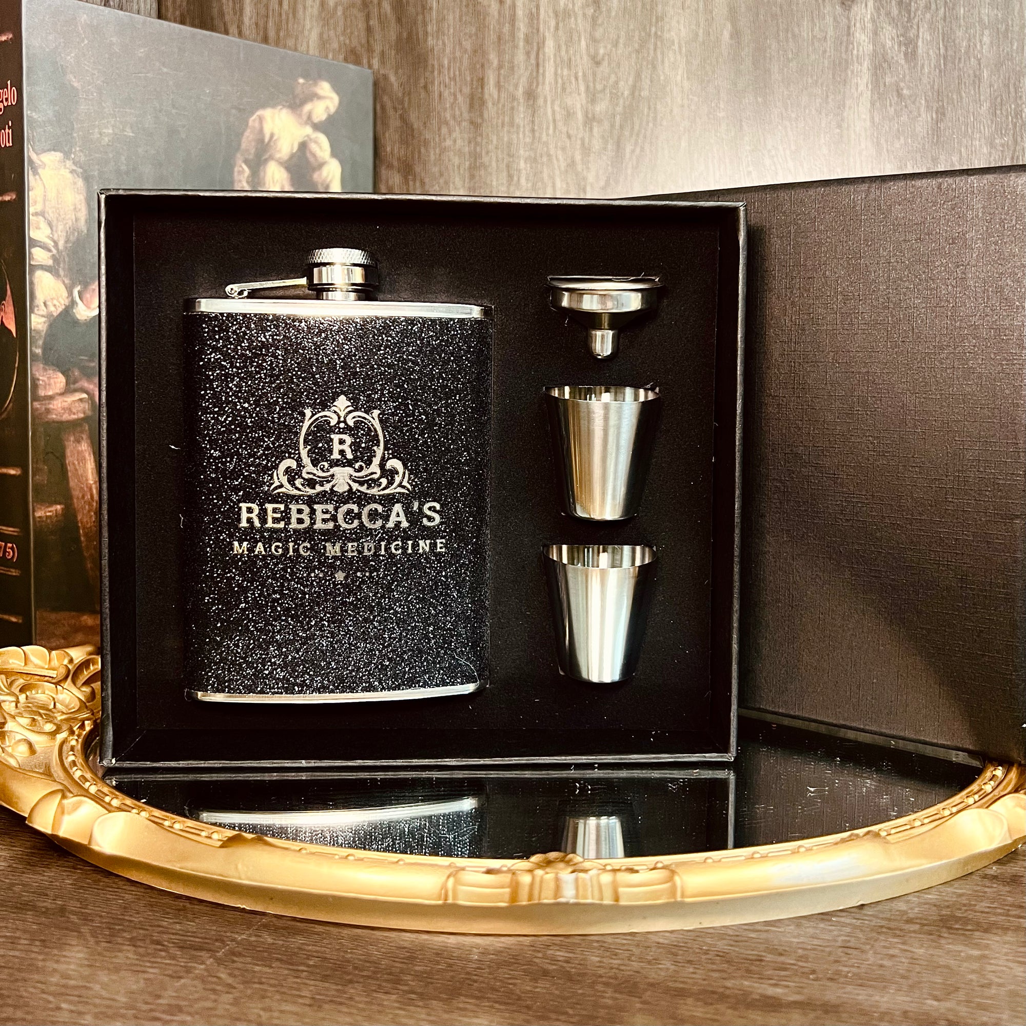 Personalised Glitter Steel 8oz Liquor Hip Flask, Funnel, Shot Glasses Set, Custom Engraved Bridesmaid Wedding Favour, Her Corporate Gift Box