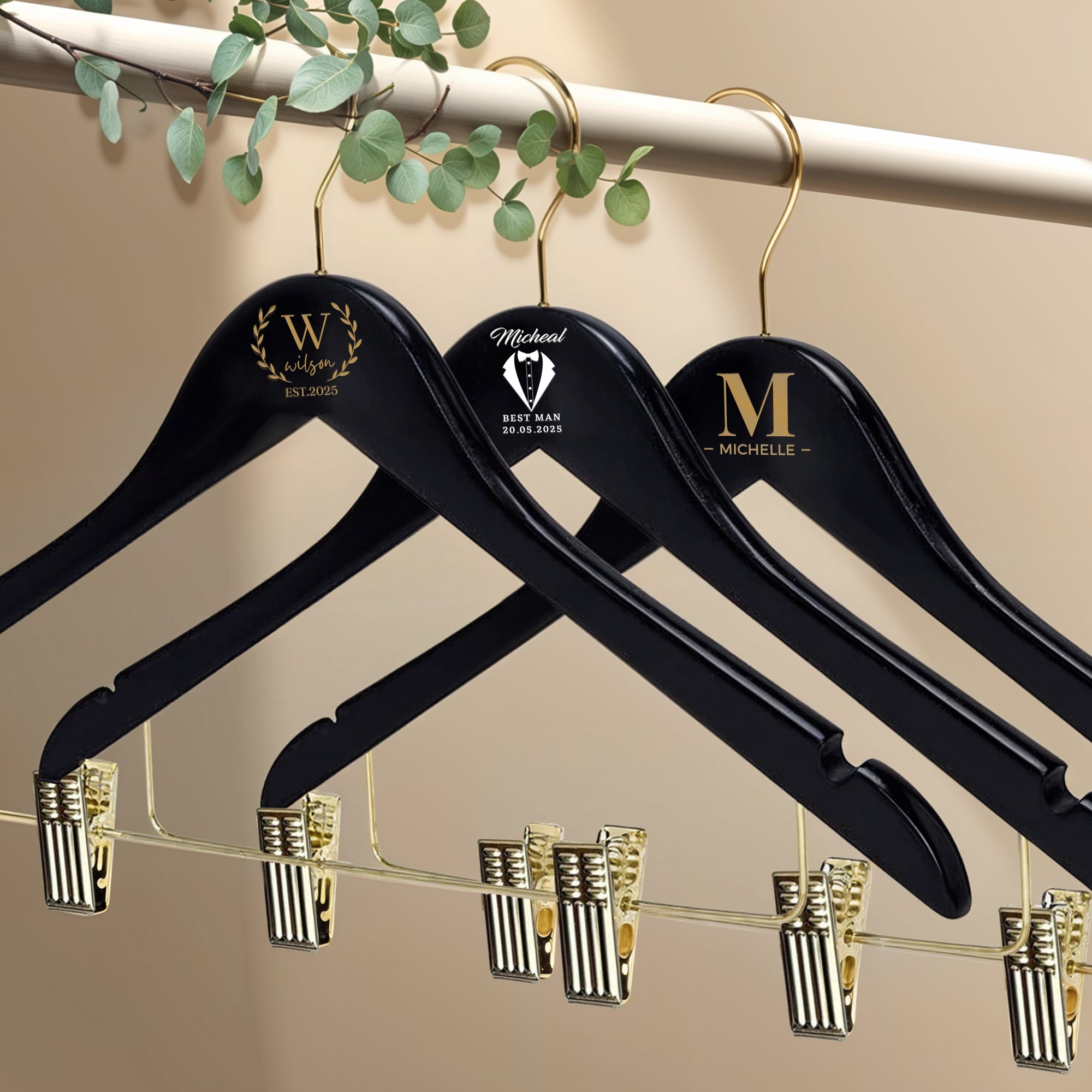 Personalised Wooden Combination Hanger, Gold Pants Clips & Hook, Custom Logo Retail Coat Suit Hangers, Wedding, Housewarming, Corporate Gift