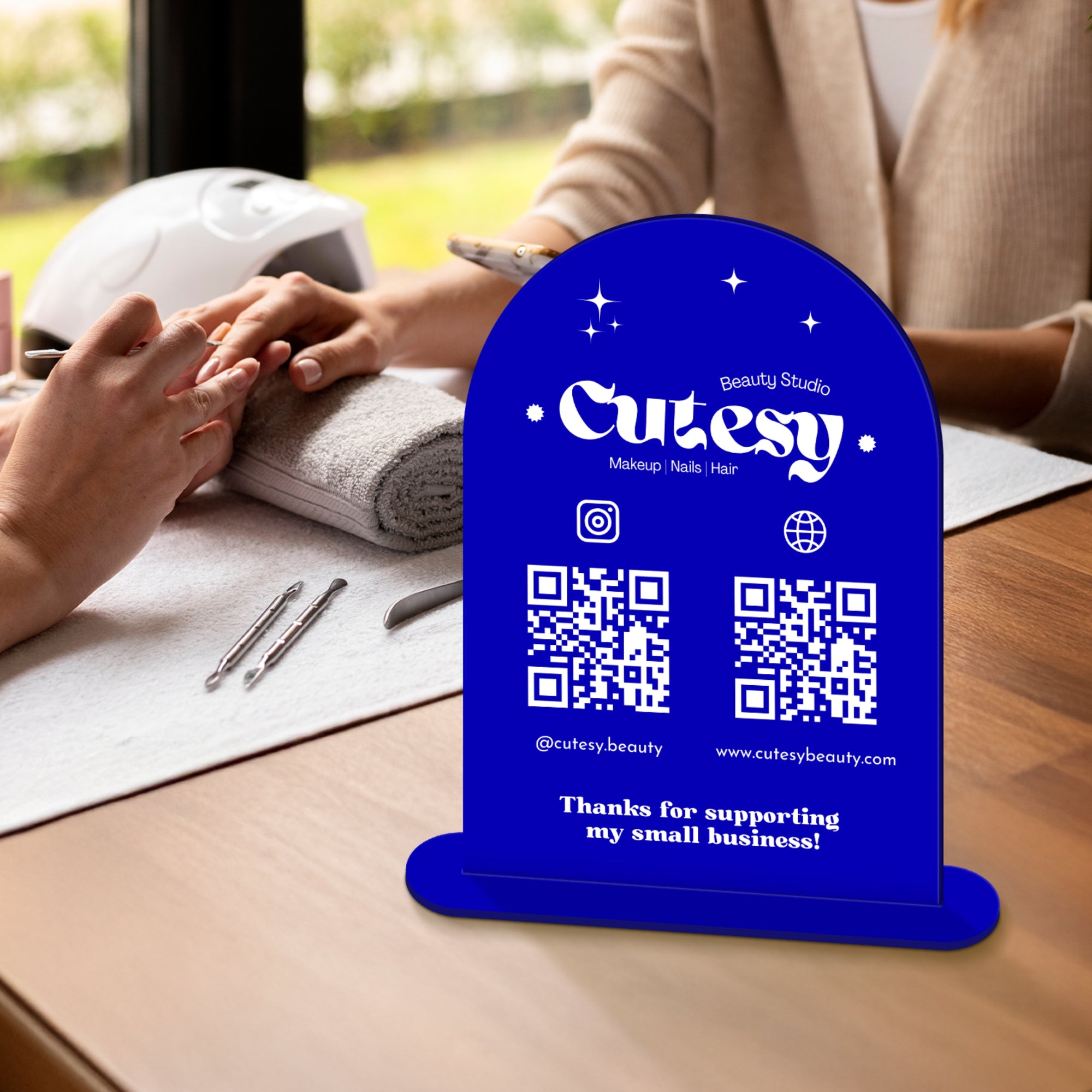 Personalised Acrylic Arch QR Code Follow Us Business Sign, Custom Print Spa Beauty Salon, Cafe Retail Social Media Reception Display Signage