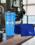 Personalised 25oz Blue Metal Protein Shaker & Embroidery Gym Towel Set, Custom Name Logo Fitness, Travel, Sport, Birthday, Corporate Gift