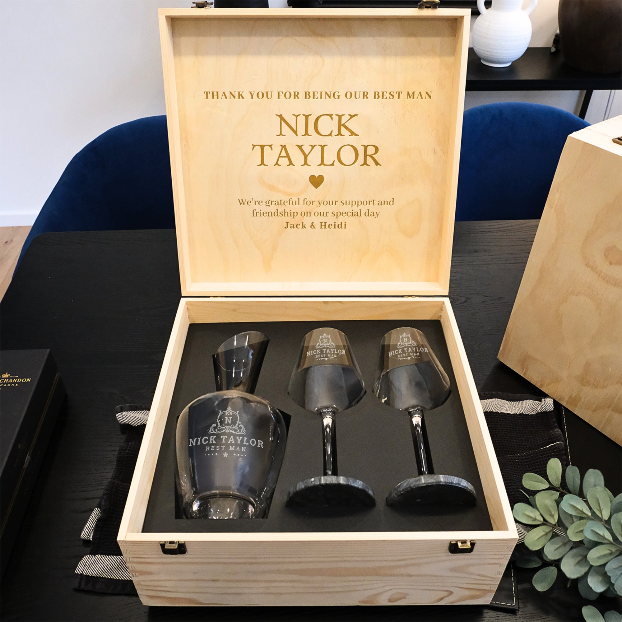 Personalised Carafe & Pair Crystal Wine Glasses Set, Marble Coasters in Custom Etched Wooden Box, Groomsman, Wedding Birthday Corporate Gift