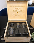 Personalised Carafe & Pair Crystal Wine Glasses Set, Marble Coasters in Custom Etched Wooden Box, Groomsman, Wedding Birthday Corporate Gift