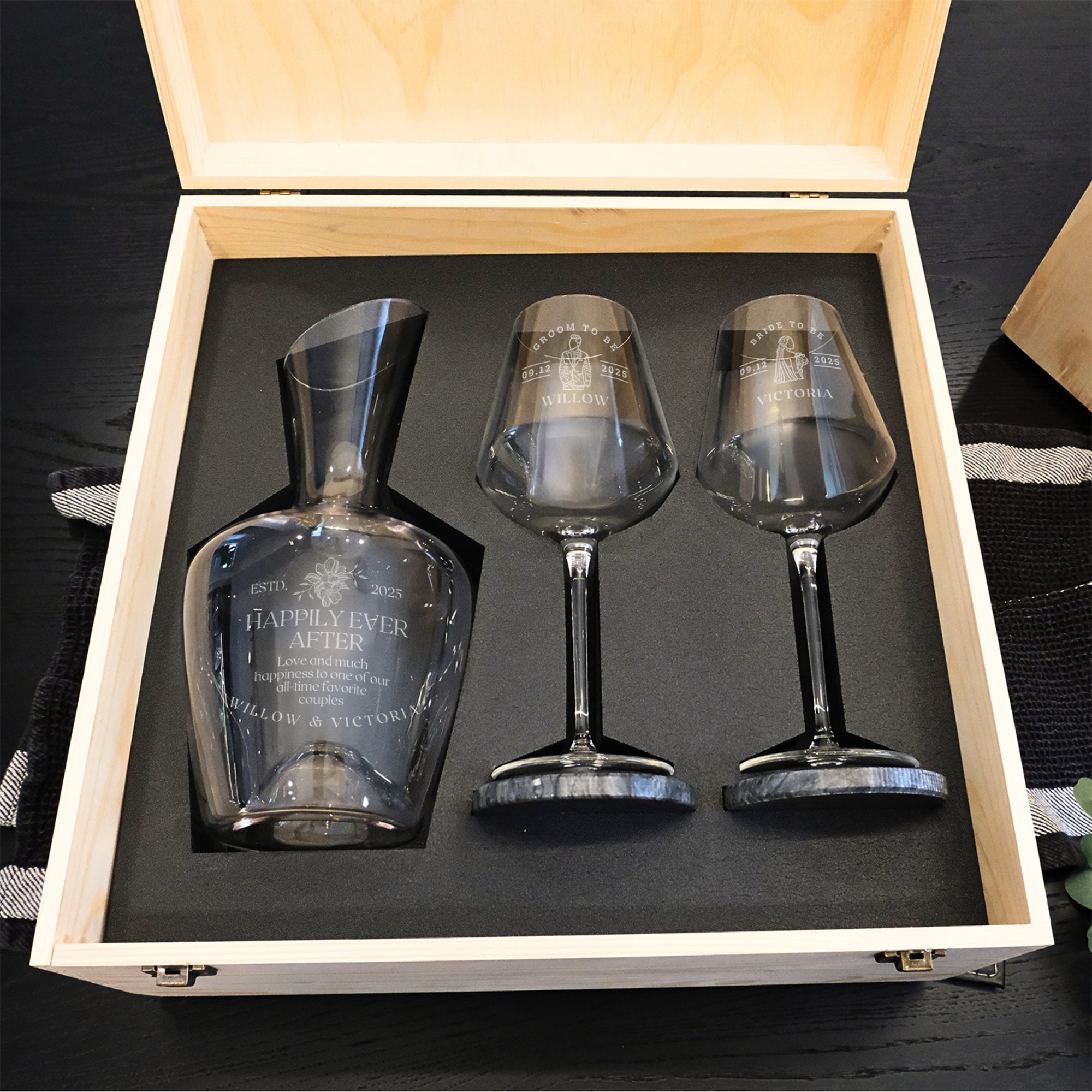 Personalised Carafe & Pair Crystal Wine Glasses Set, Marble Coasters in Custom Etched Wooden Box, Groomsman, Wedding Birthday Corporate Gift