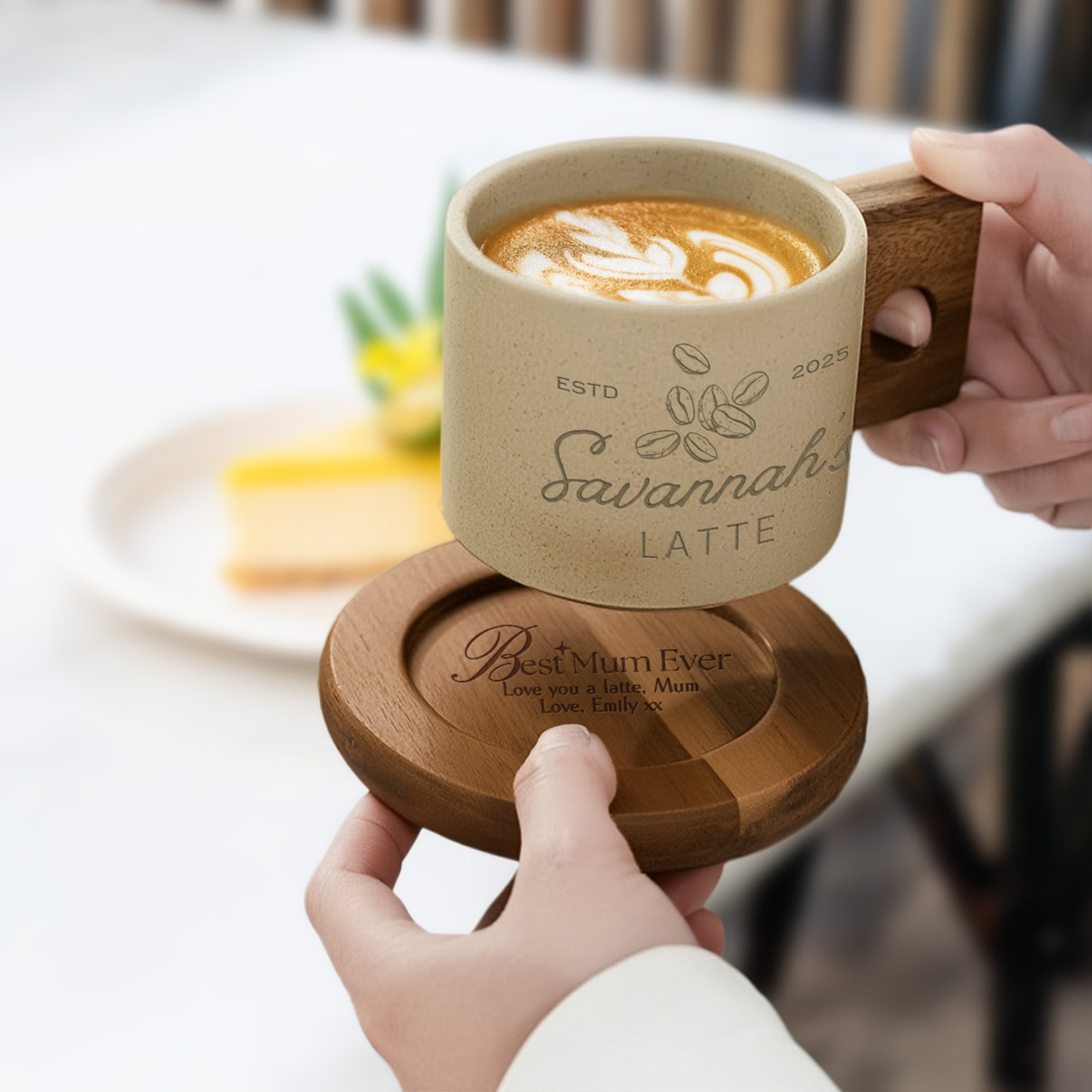 Personalised Ceramic Coffee Tea Mug & Acacia Coaster Set , Custom Engraved Tea Cup, Wedding Favour, Mother Dad Birthday, Xmas Corporate Gift