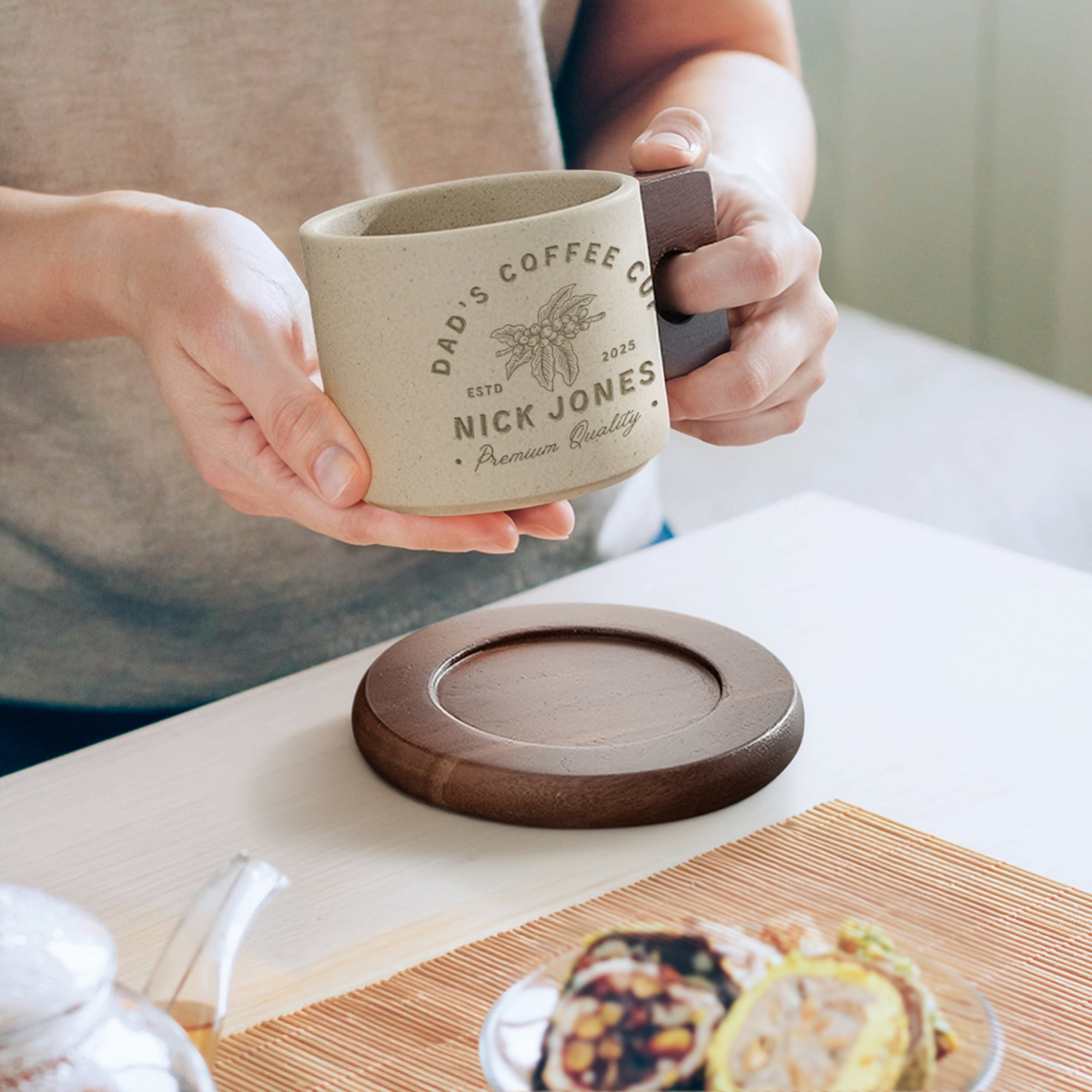 Personalised Ceramic Coffee Tea Mug & Acacia Coaster Set , Custom Engraved Tea Cup, Wedding Favour, Mother Dad Birthday, Xmas Corporate Gift