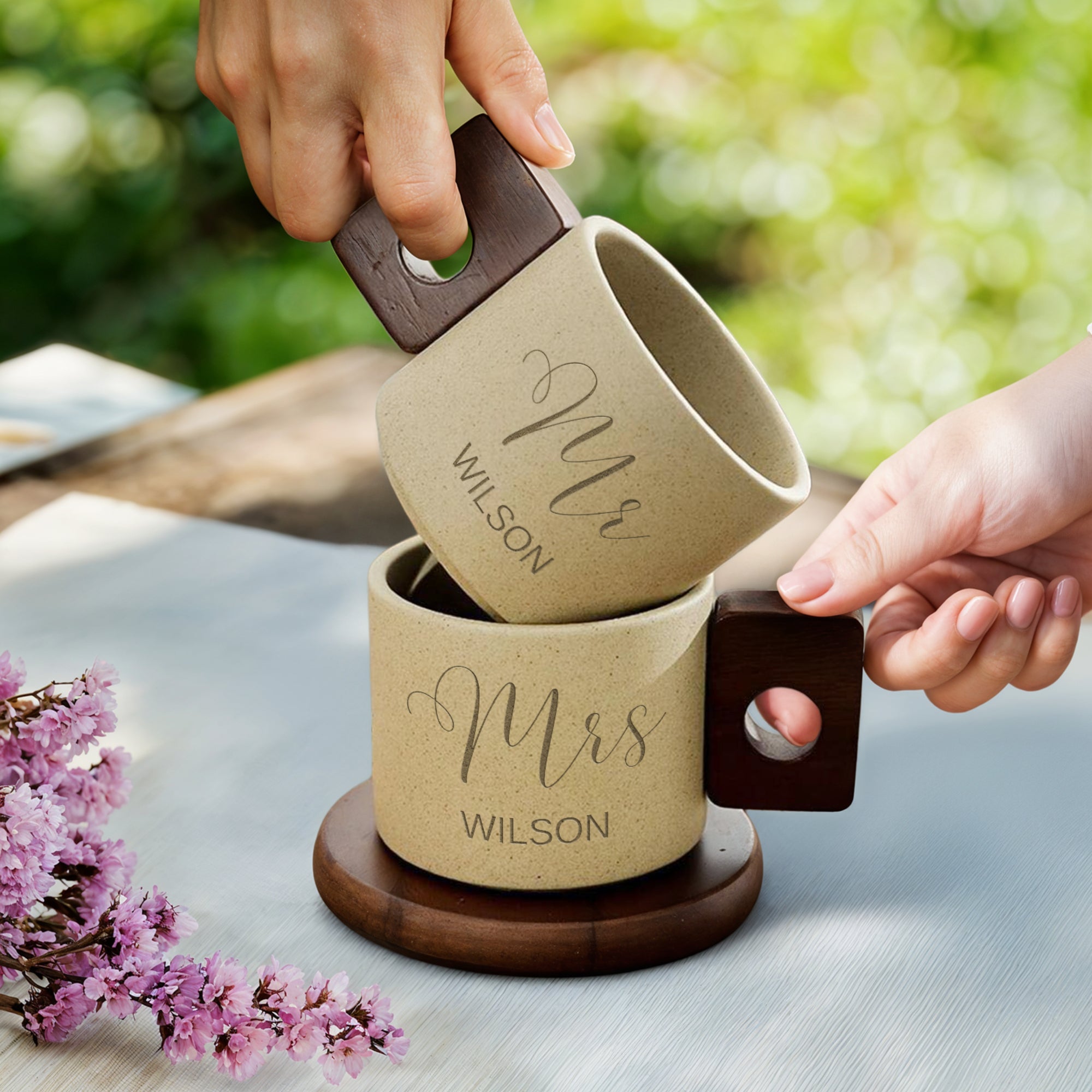 Personalised Ceramic Coffee Tea Mug & Acacia Coaster Set , Custom Engraved Tea Cup, Wedding Favour, Mother Dad Birthday, Xmas Corporate Gift