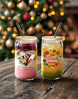 Personalised 470ml Christmas Photo Can Glass Set with Lid Straw, Customised Beverage Tumbler Coffee Cup Logo Corporate Gift Xmas Party Decor