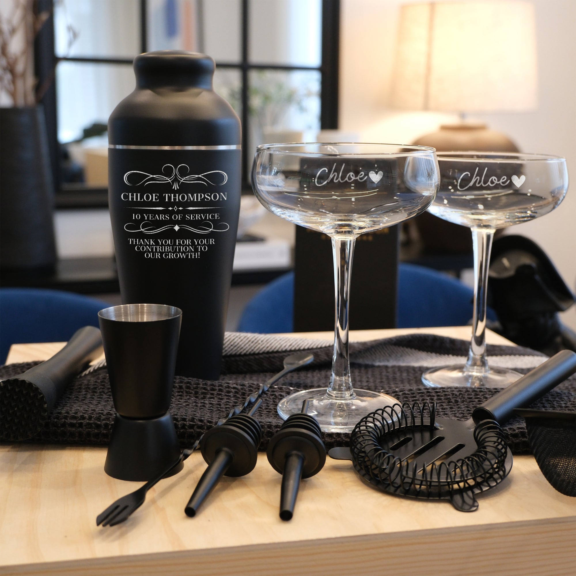 Personalised Cocktail Shaker Set of 9, Champagne Coupe Glasses Pair & Custom Engraved Wooden Box, Groomsman Wedding, Birthday Corporate Gift