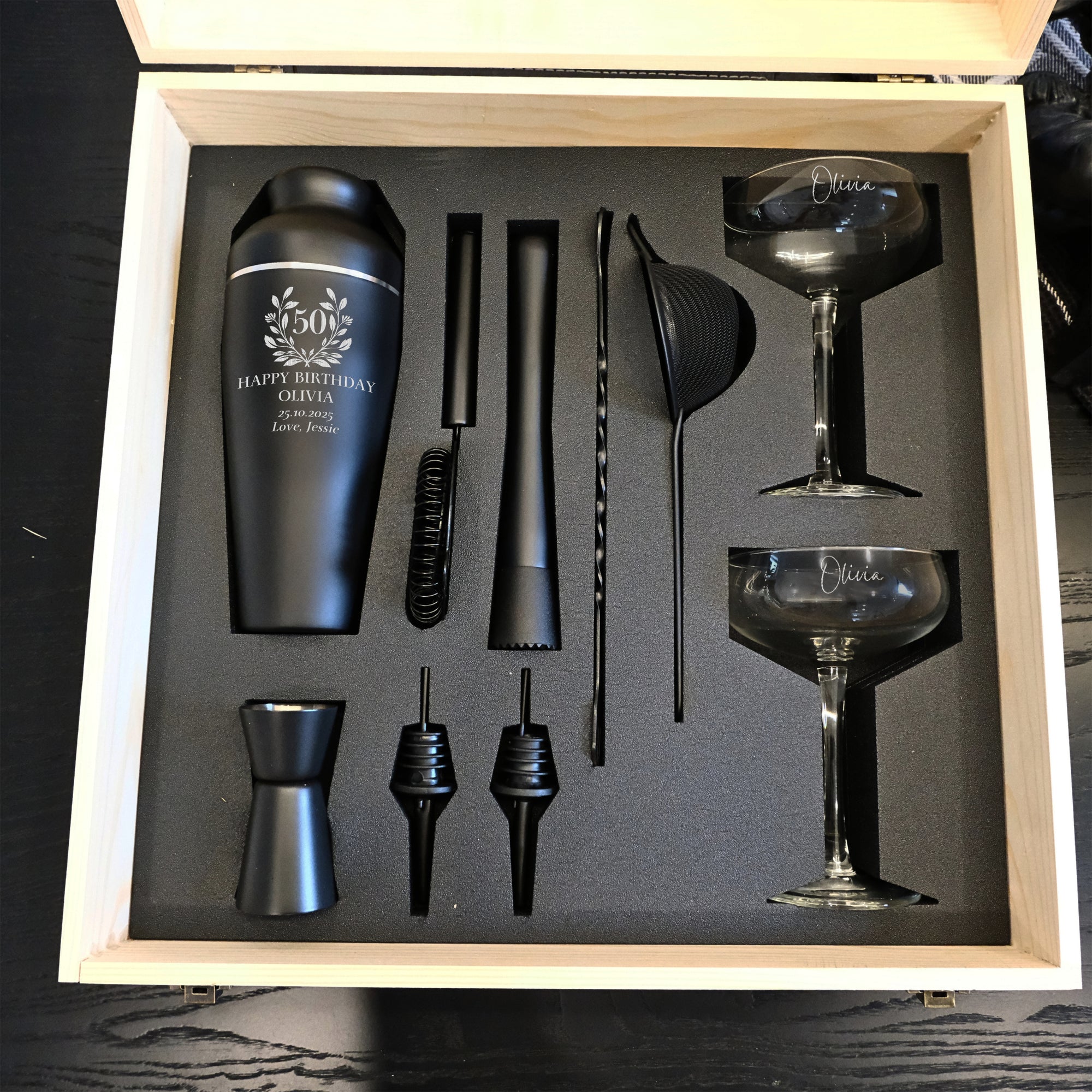 Personalised Cocktail Shaker Set of 9, Champagne Coupe Glasses Pair & Custom Engraved Wooden Box, Groomsman Wedding, Birthday Corporate Gift