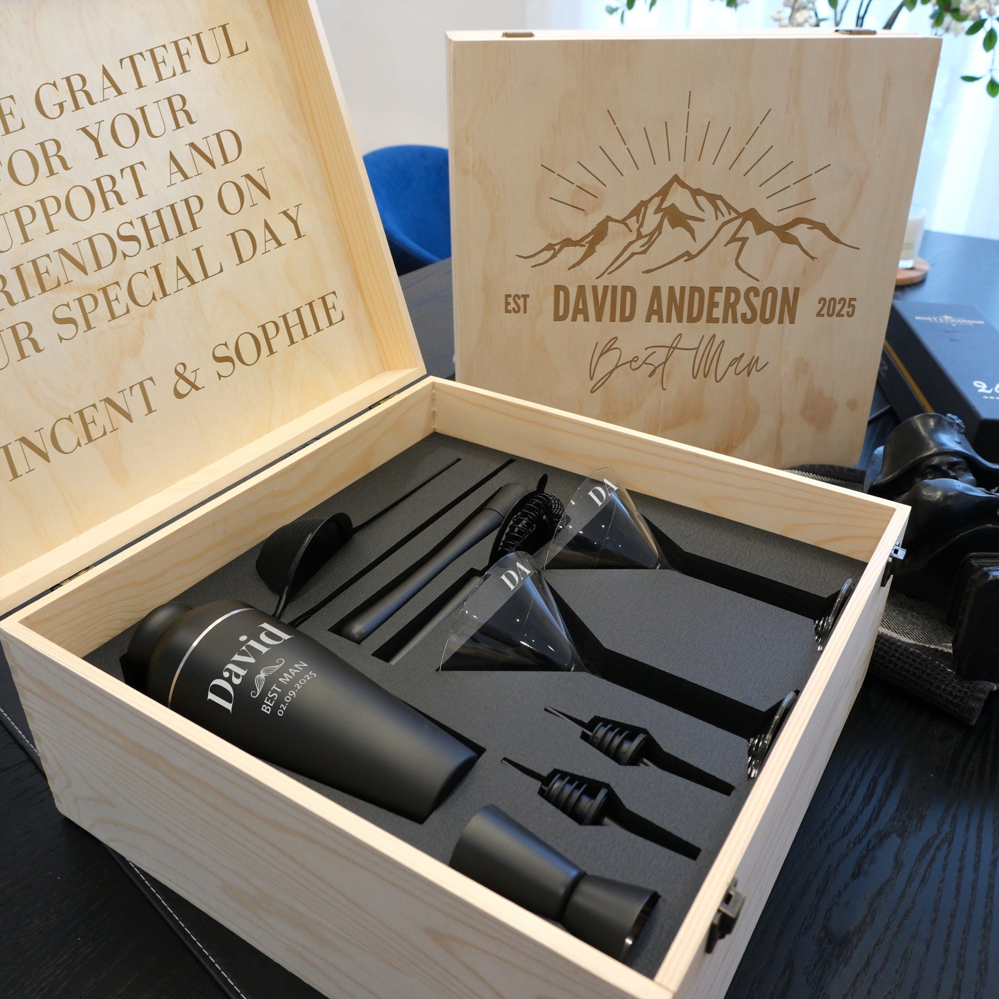 Personalised Cocktail Shaker Set of 9, Martini Glasses Pair & Custom Engraved Logo Wooden Box, Groomsman, Wedding, Birthday, Corporate Gift