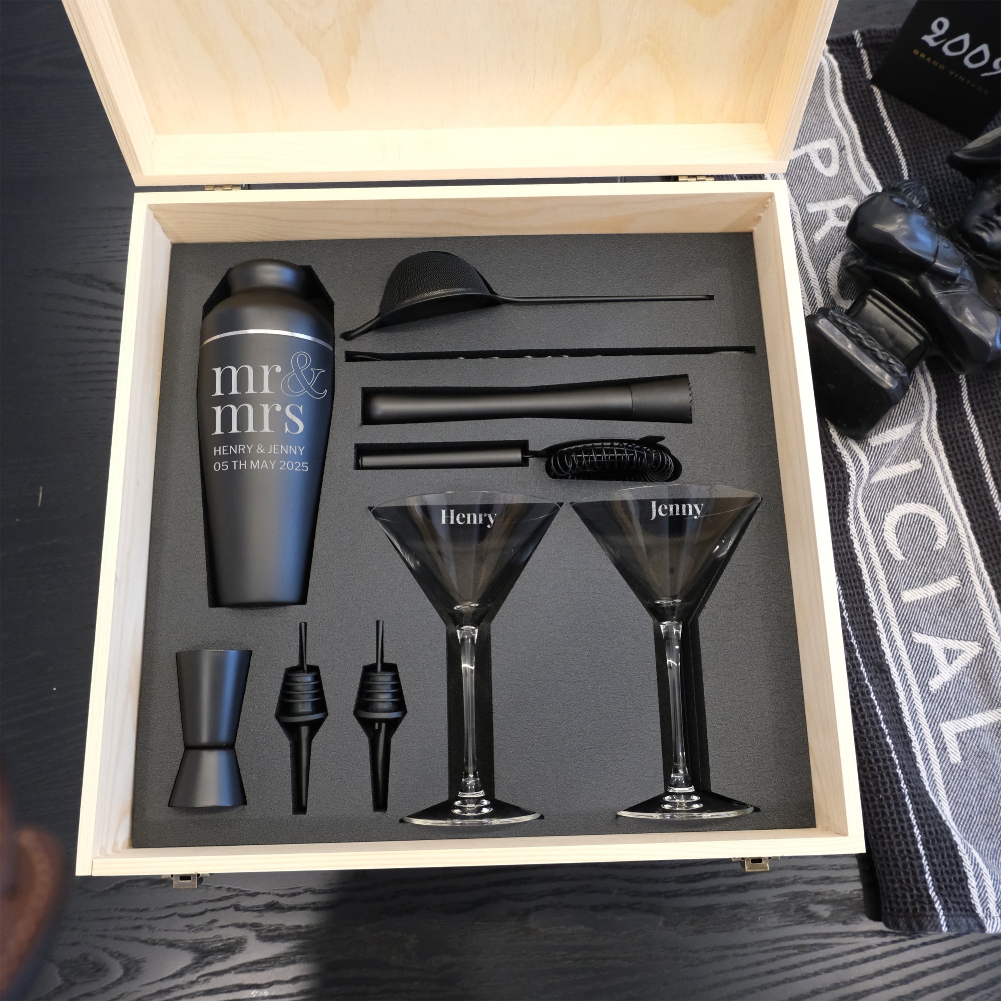 Personalised Cocktail Shaker Set of 9, Martini Glasses Pair & Custom Engraved Logo Wooden Box, Groomsman, Wedding, Birthday, Corporate Gift