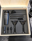 Personalised Cocktail Shaker Set of 9, Martini Glasses Pair & Custom Engraved Logo Wooden Box, Groomsman, Wedding, Birthday, Corporate Gift