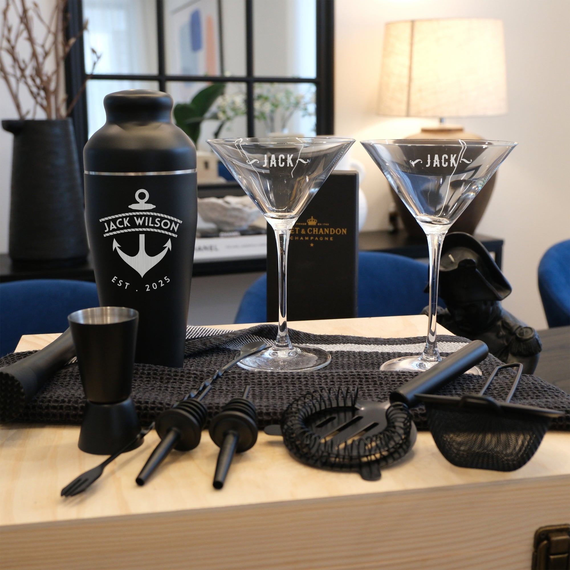 Personalised Cocktail Shaker Set of 9, Martini Glasses Pair & Custom Engraved Logo Wooden Box, Groomsman, Wedding, Birthday, Corporate Gift